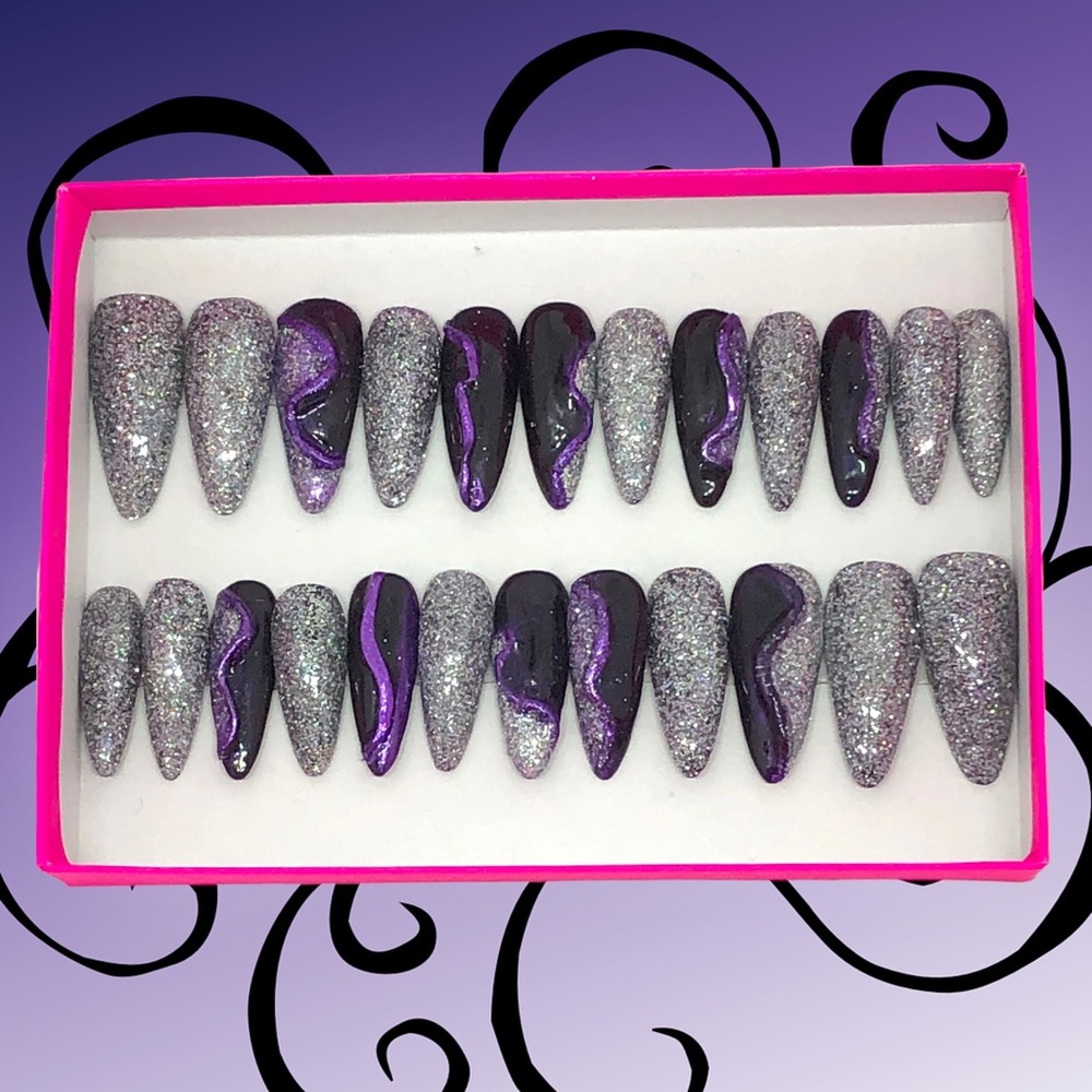 *SOLD* Handmade Press On Nails Long Almond Shape Full Set UV Gel Purple & Holo … - Picture 1 of 13